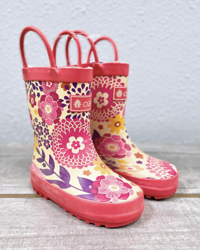 kids rubber rain boots pink floral