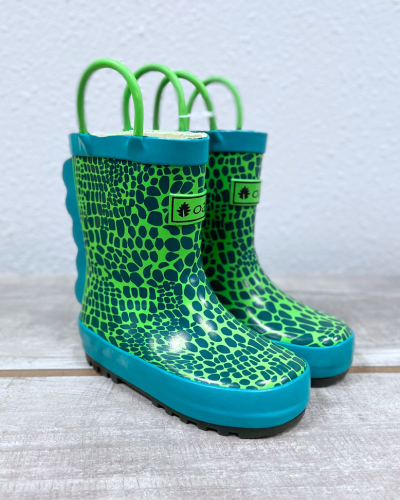 kids rubber rain boots green scaley monster