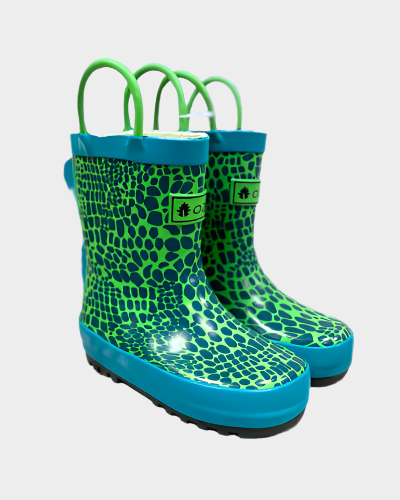 Kids rubber rain boots with green scale pattern rubber and oaki logo. Black tread and loop handles.