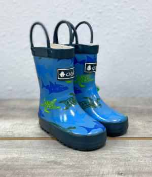 kids rubber rain boots blue turtles and sharks