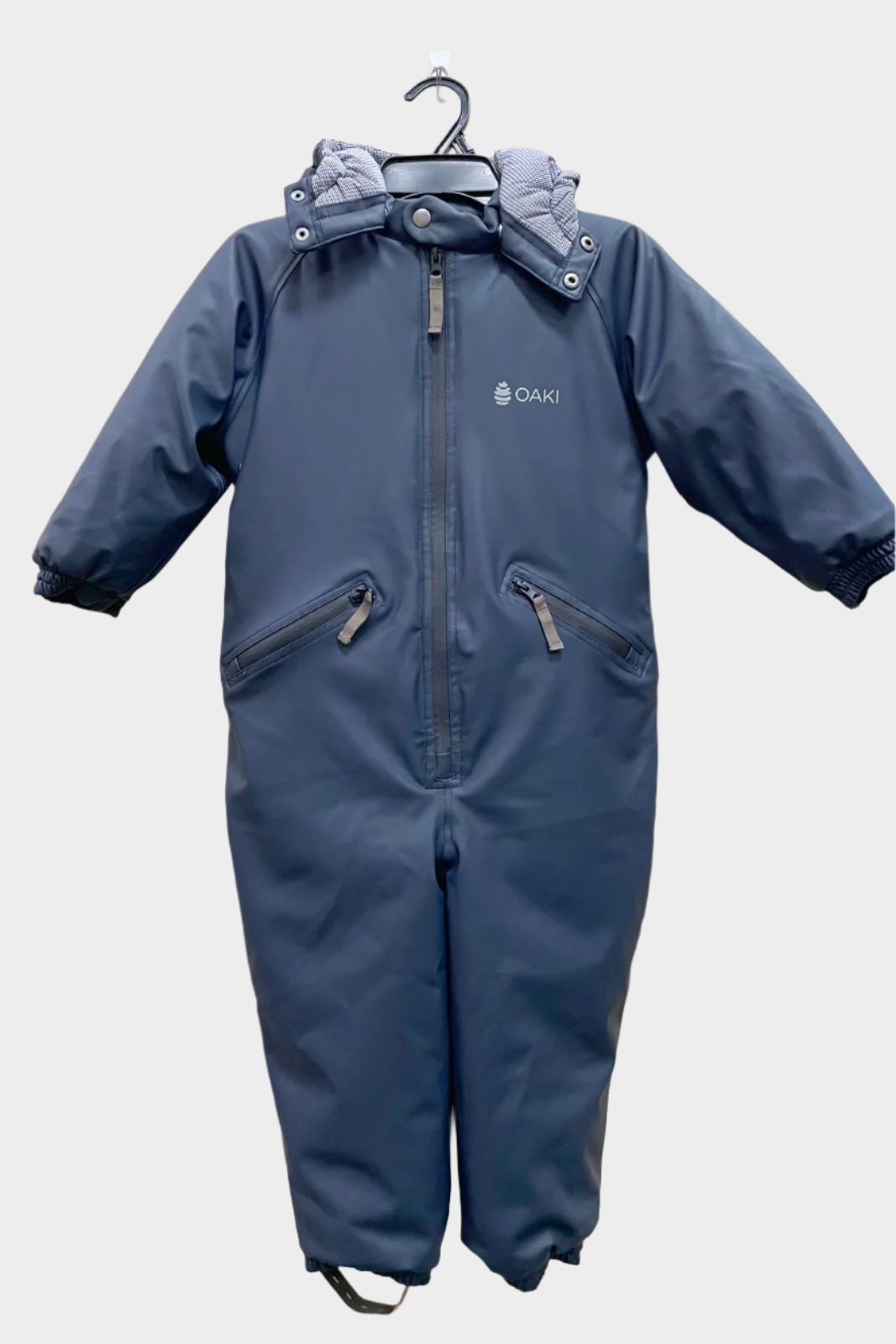 Kids snow suit in navy blue with pockets each side and detachable hood