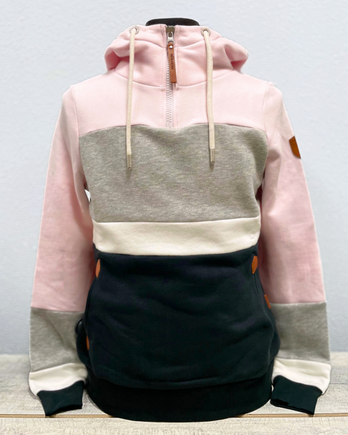 quarter zip hoodie pink, grey and black color block