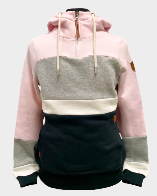 womens Pullover hoodie with white drawstrings. Front side pockets. Stripes of pink, grey and black color block