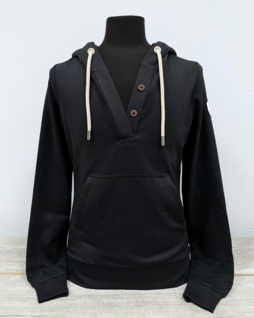 stretchy, think pullover hoodie with v neck faux buttons 