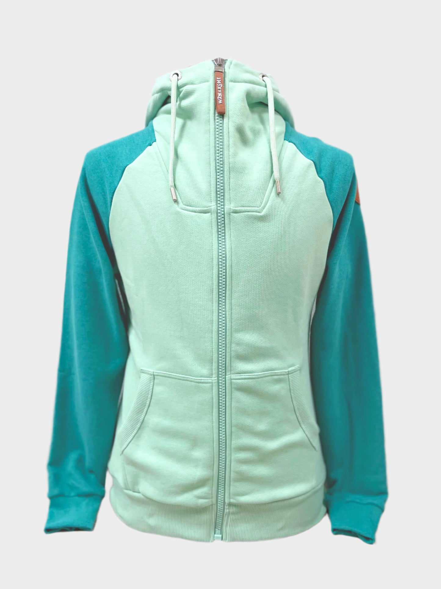 Womens full Zip hoodie with neck detail. White drawstrings. Front pockets. Trunk light green lichen and arms darker lake.