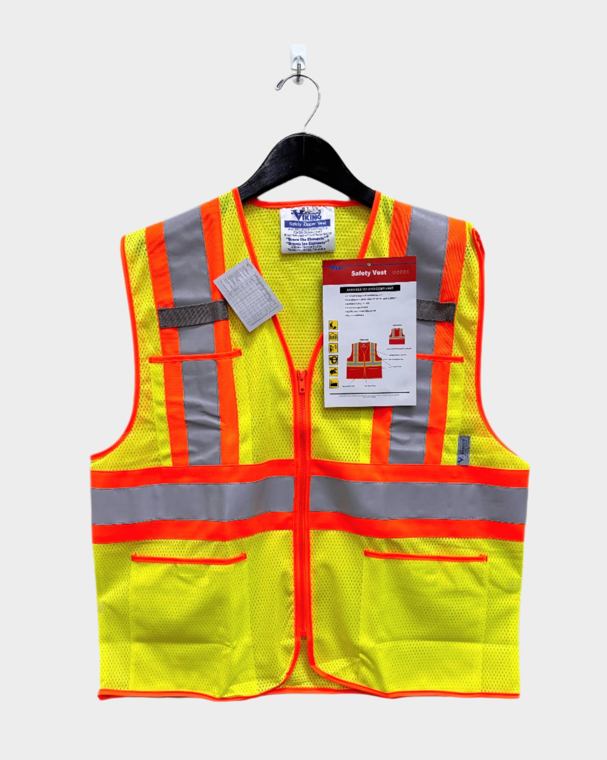 Mens safety work vest in high visibility green with orange striping and reflective tape. Four front pockets. 