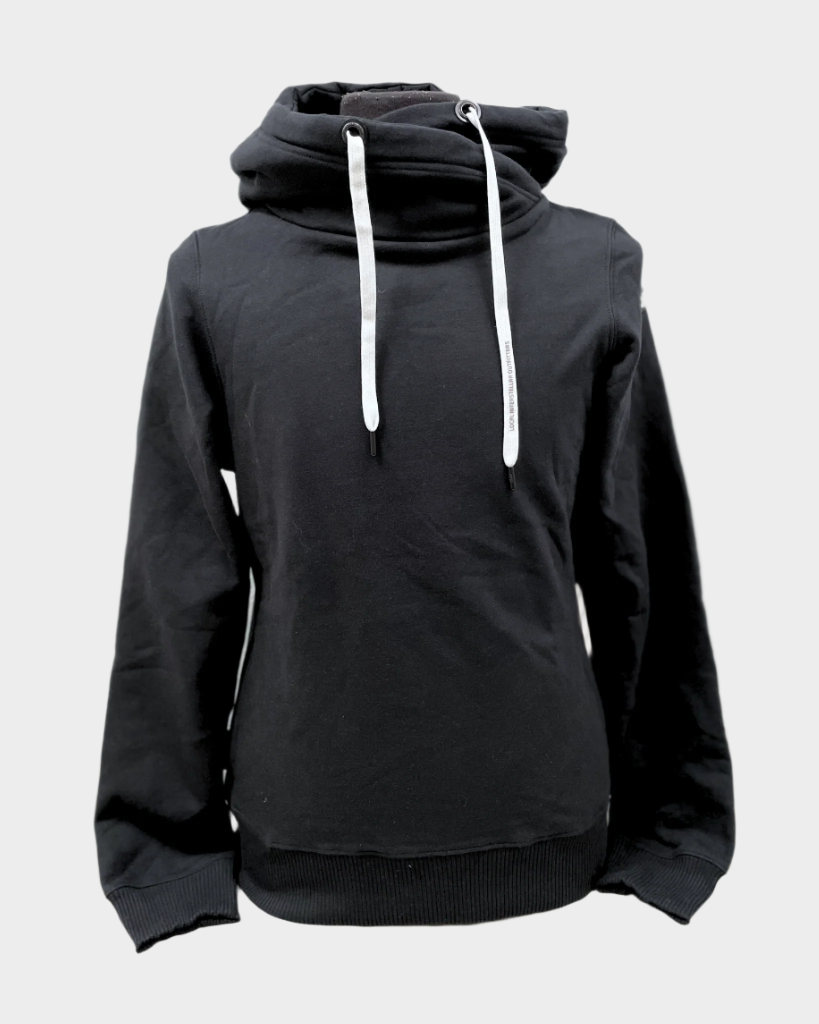 Womens pullover hoodie with wrap hood and white flat drawstrings. Has side pockets. Shown in black