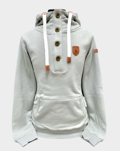 Half button up pullover hoodie with front kangaroo pocket. Shown in solid light grey.