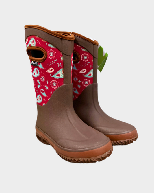 kids neoprene boots in brown with red paisley pattern