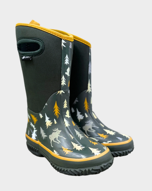 kids neoprene boots gray tree and moose pattern