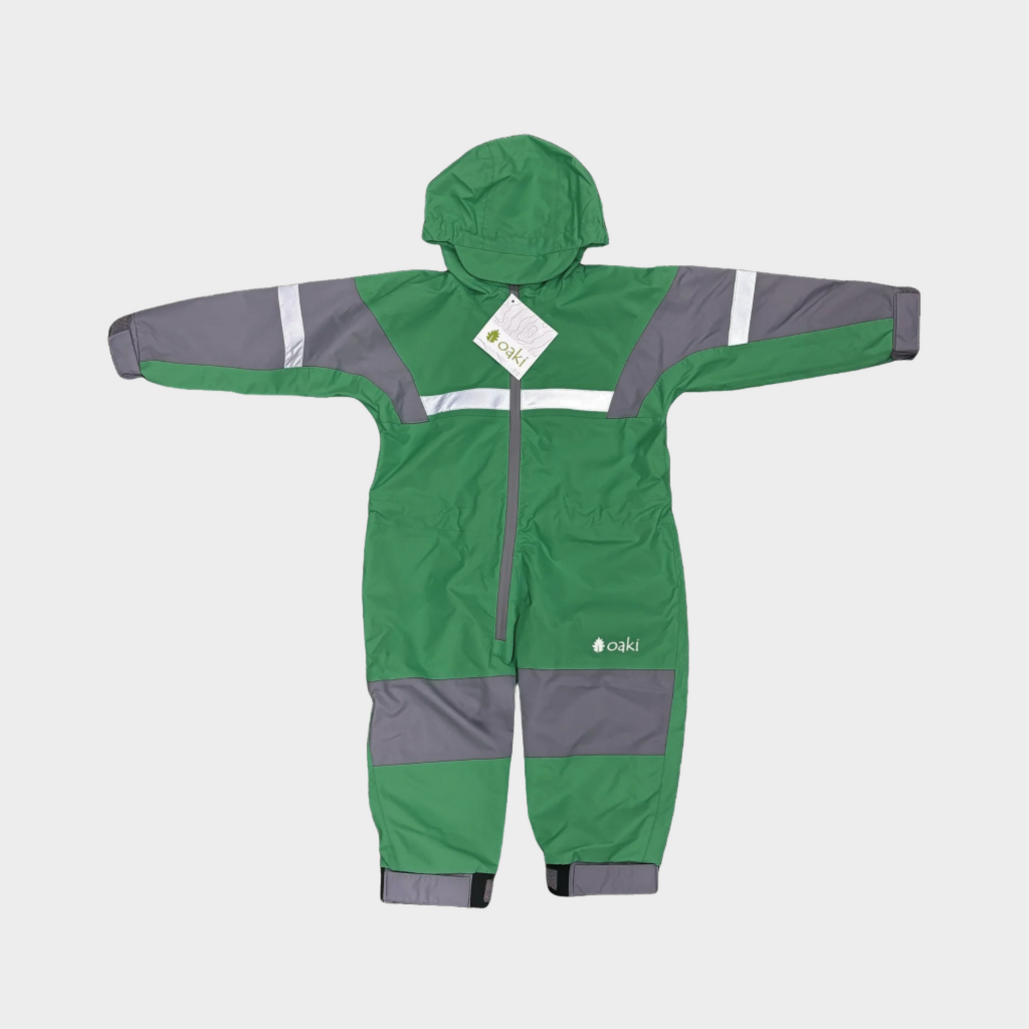 Kids rain suit with attached hood, grey color blocking on top of arms and across shins with safety reflective strips. Shown in dark green.