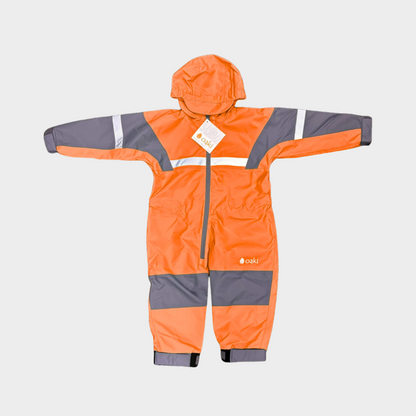 Kids rain suit with attached hood, grey color blocking on top of arms and across shins with safety reflective strips. Shown in lava orange