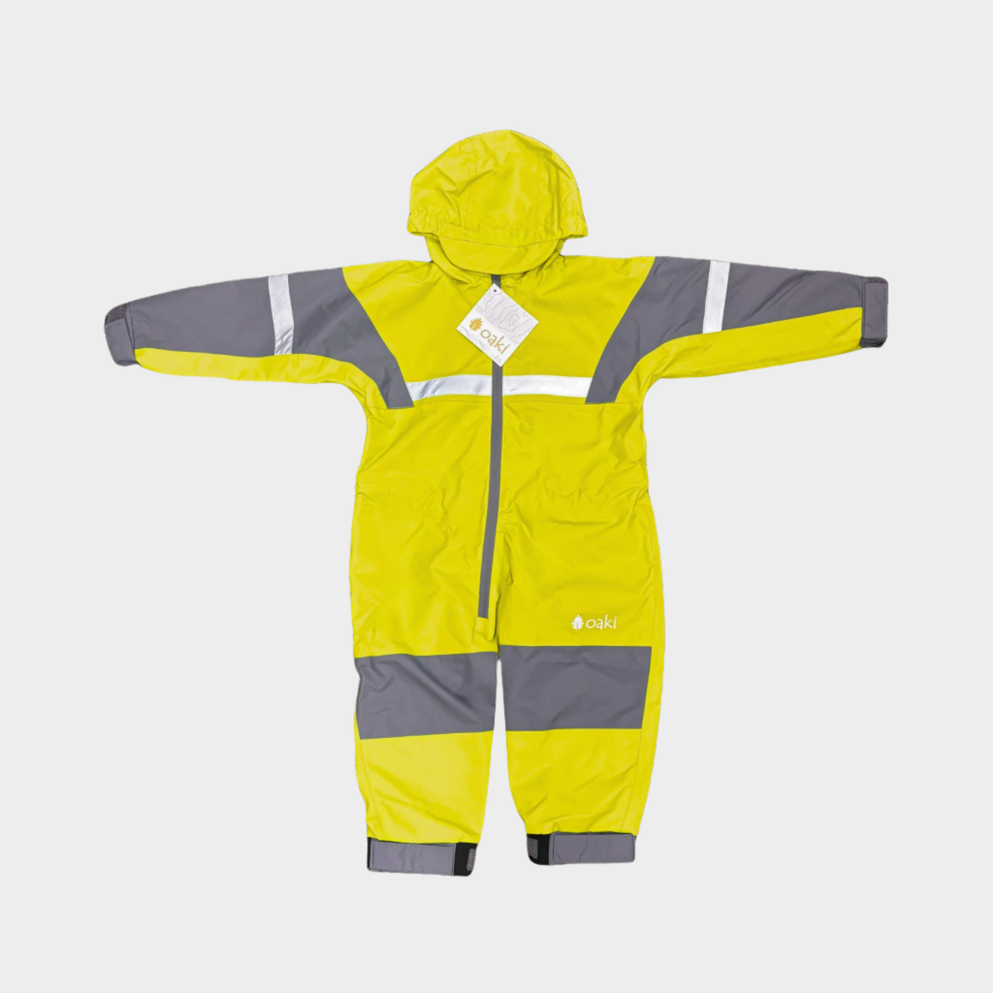 Kids rain suit with attached hood, grey color blocking on top of arms and across shins with safety reflective strips.