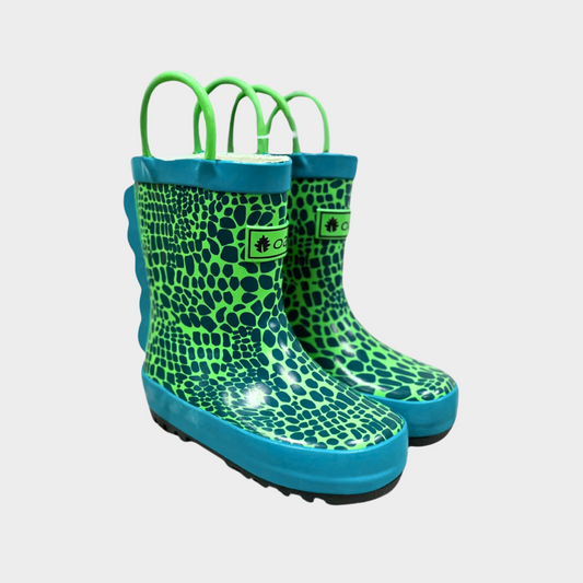 Kids rubber rain boots with green scale pattern rubber and oaki logo. Black tread and loop handles.