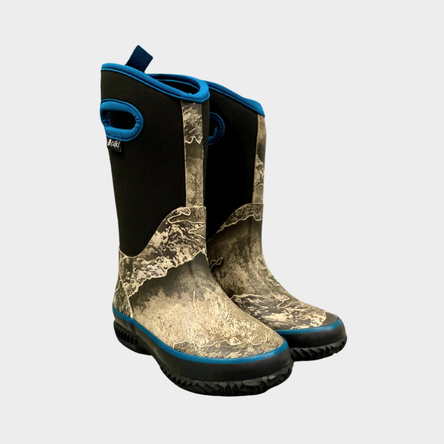 kids neoprene boots with camo, blue trim, and black panels