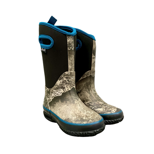 kids neoprene boots with camo, blue trim, and black panels