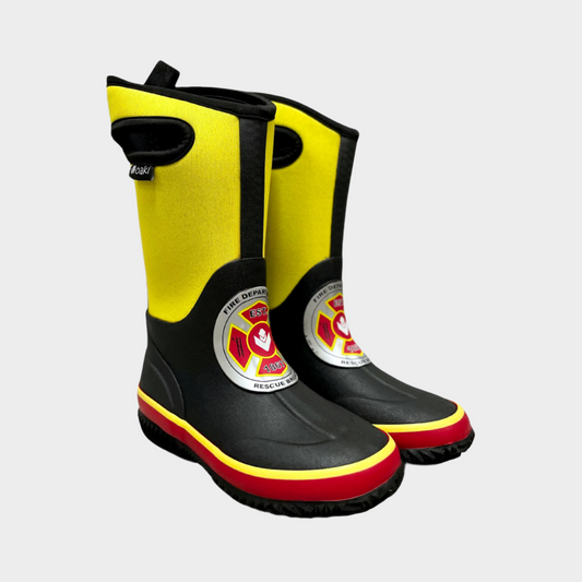 kids neoprene boots with cutout handles, yellow sides, and black rubber with fire department seal