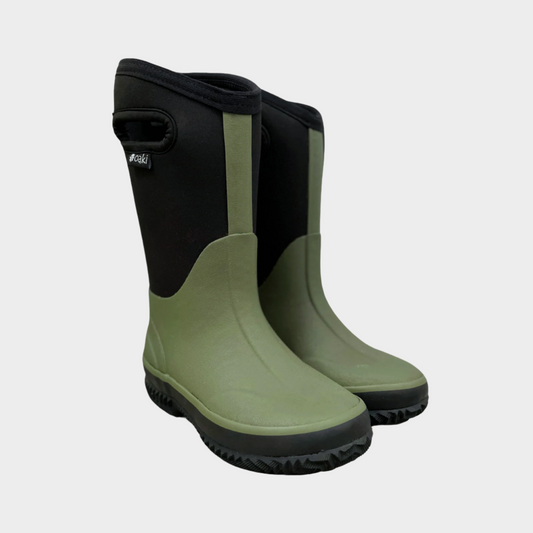 kids neoprene boots with cutout handles green with black panels