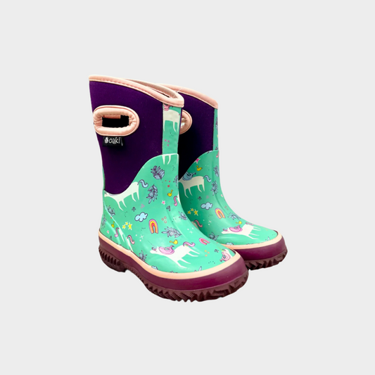 Kids neoprene boot with solid purple sides and unicorn pattern.