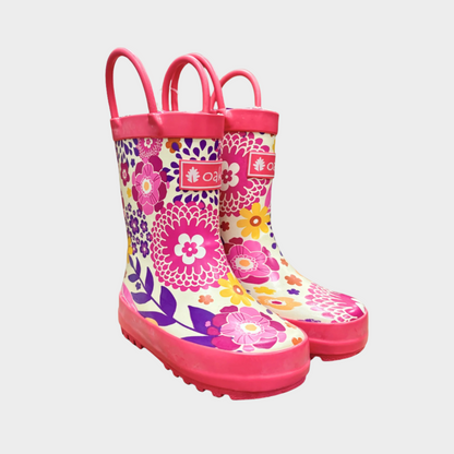 Kids rubber rain boots with pink flower pattern rubber and oaki logo. Black tread and loop handles.