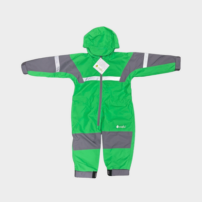 Kids rain suit with attached hood, grey color blocking on top of arms and across shins with safety reflective strips. Shown in a bright green. 