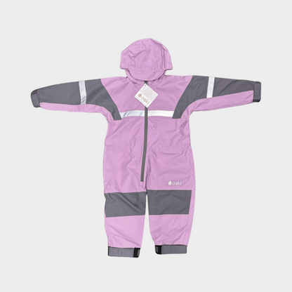 Kids rain suit with attached hood, grey color blocking on top of arms and across shins with safety reflective strips. Shown in lavender, a light pink.