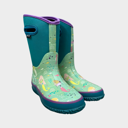 kids neoprene boots in teal with mermaids