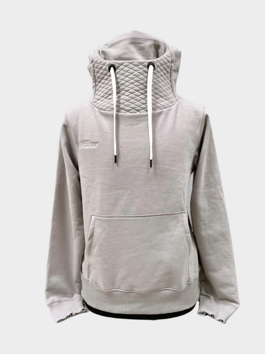 unisex pullover hoodie with quilted mask and hood and white drawstrings. embroidery on left chest, features kangaroo pocket. Shown in light solid gray.