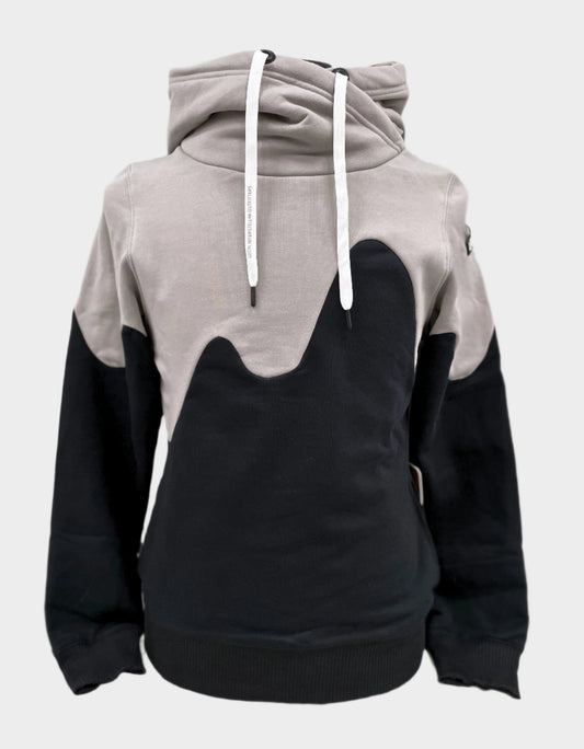 unisex pullover hoodie with wrap hood and white drawstrings. Top half in grey, ending in a wave pattern seam, bottom half is black. Side pockets. Small rubber logo on left shoulder