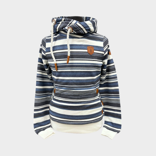 womens pullover hoodie with stripes of blue and varying widths. Leather patch on left chest. Banded cuffs and bottom hem