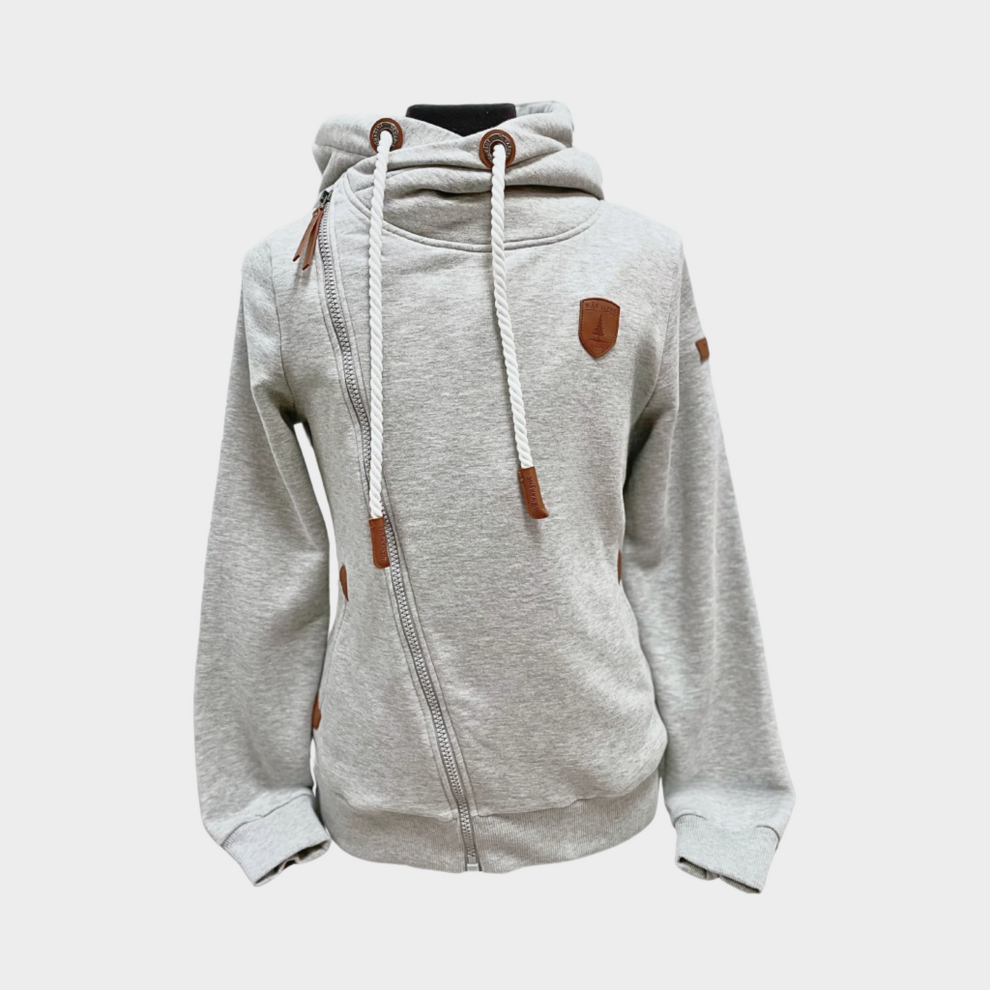 womens full zip hoodie straight zipper to the right shoulder with white rope cords. side pockets. Shown in light heather grey