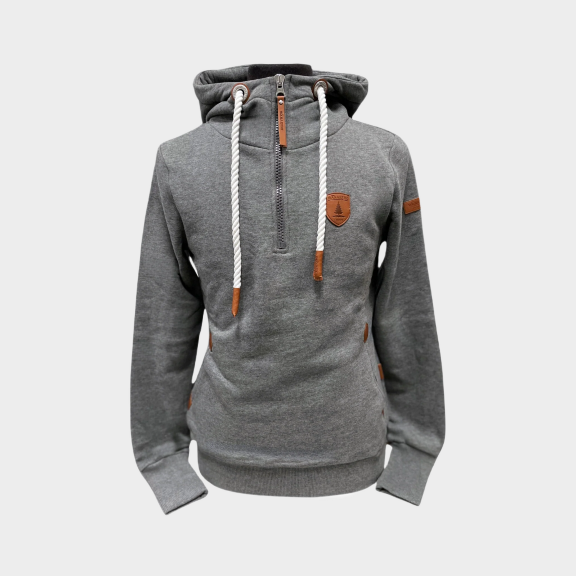 Womens pullover hoodie. Hood with white adjustable rope drawstrings. Half zipper. Side pockets Shown in dark heather gray