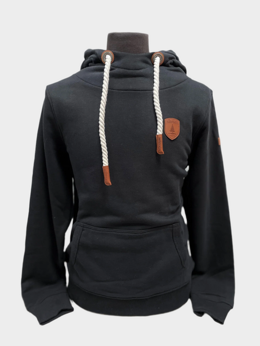 Mens pullover hoodie with kangaroo pocket. Rope drawstring. Has left chest vegan leather patch. Ribbed cuffs and bottom hem.