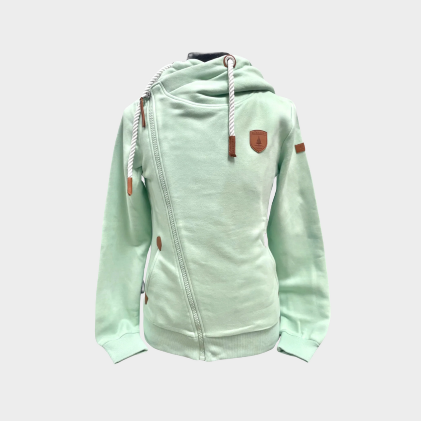 womens full zip hoodie straight zipper to the right shoulder with white rope cords. side pockets. Shown in pale cucumber green