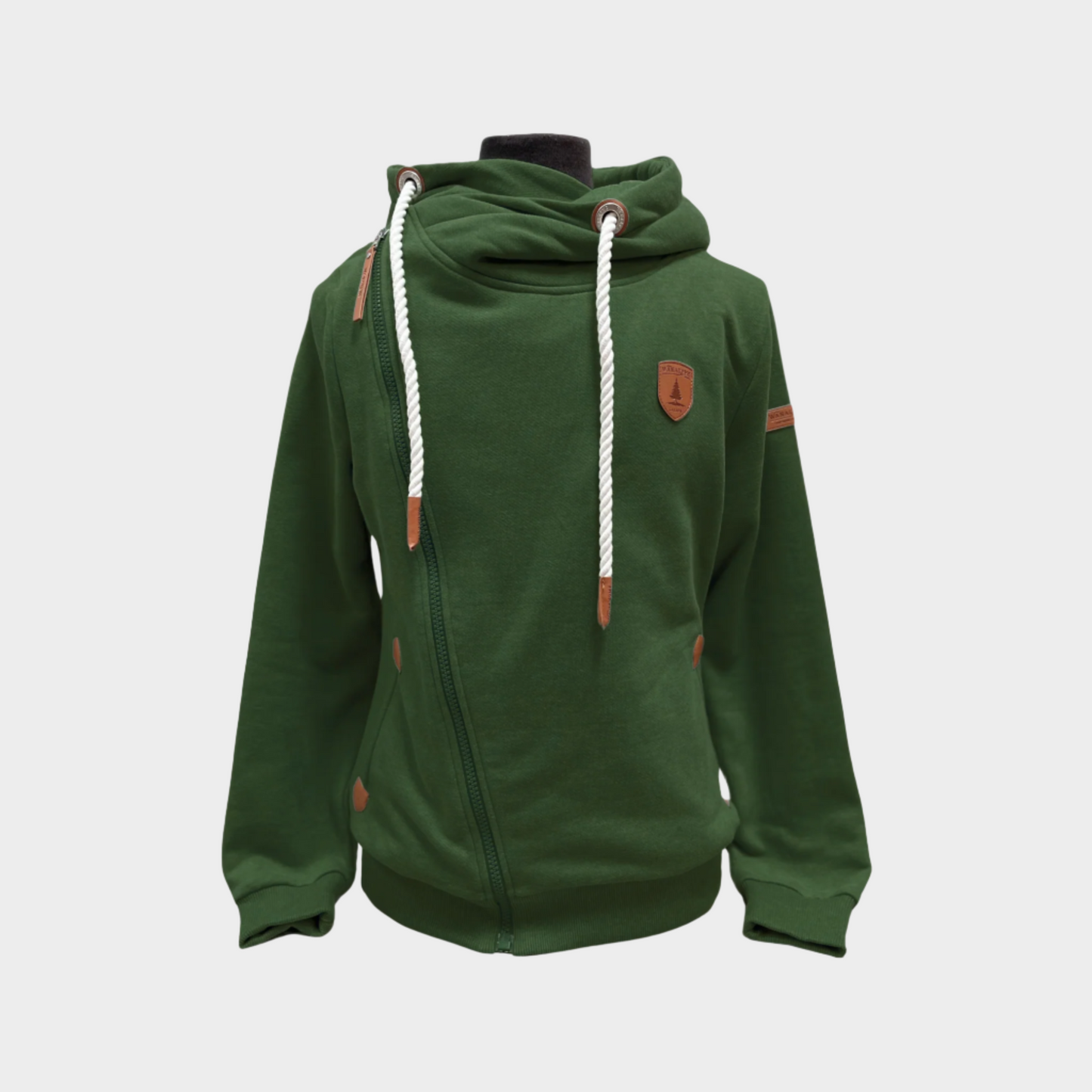 Womens full zip hoodie straight zipper to the right shoulder in deep forest green white rope cords. side pockets. womens