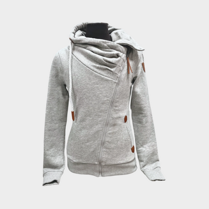 womens full zip sweater diagonal to top left shoulder sweater with cowl and no hood. Shown in light heather grey