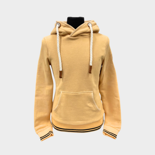 Womens pullover hoodie by Wanakome. Shown in apricot. Blanket stitching on hood and front pocket.