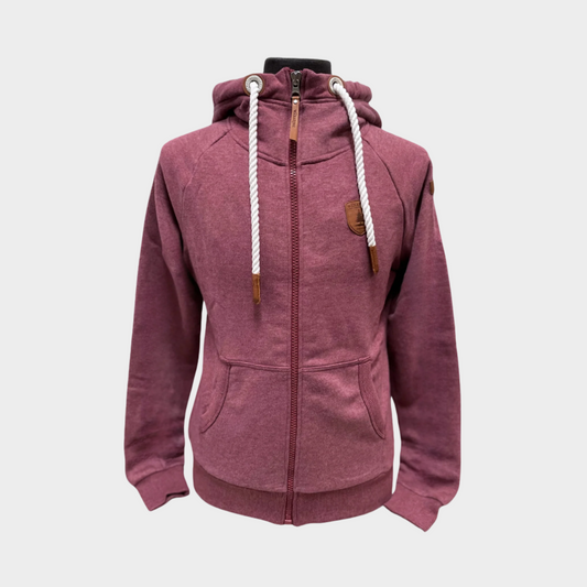 Womens Full zip hoodie with cowl neck. Shown in merlot, a darker burgundy. 