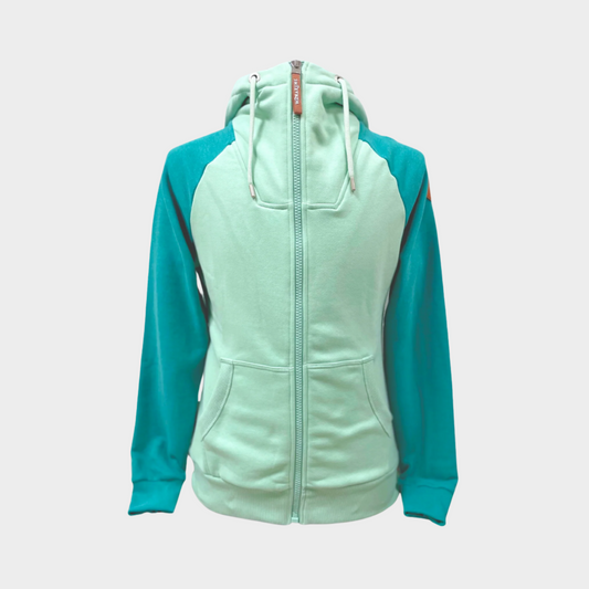 Womens full Zip hoodie with neck detail. White drawstrings. Front pockets. Trunk light green lichen and arms darker lake.