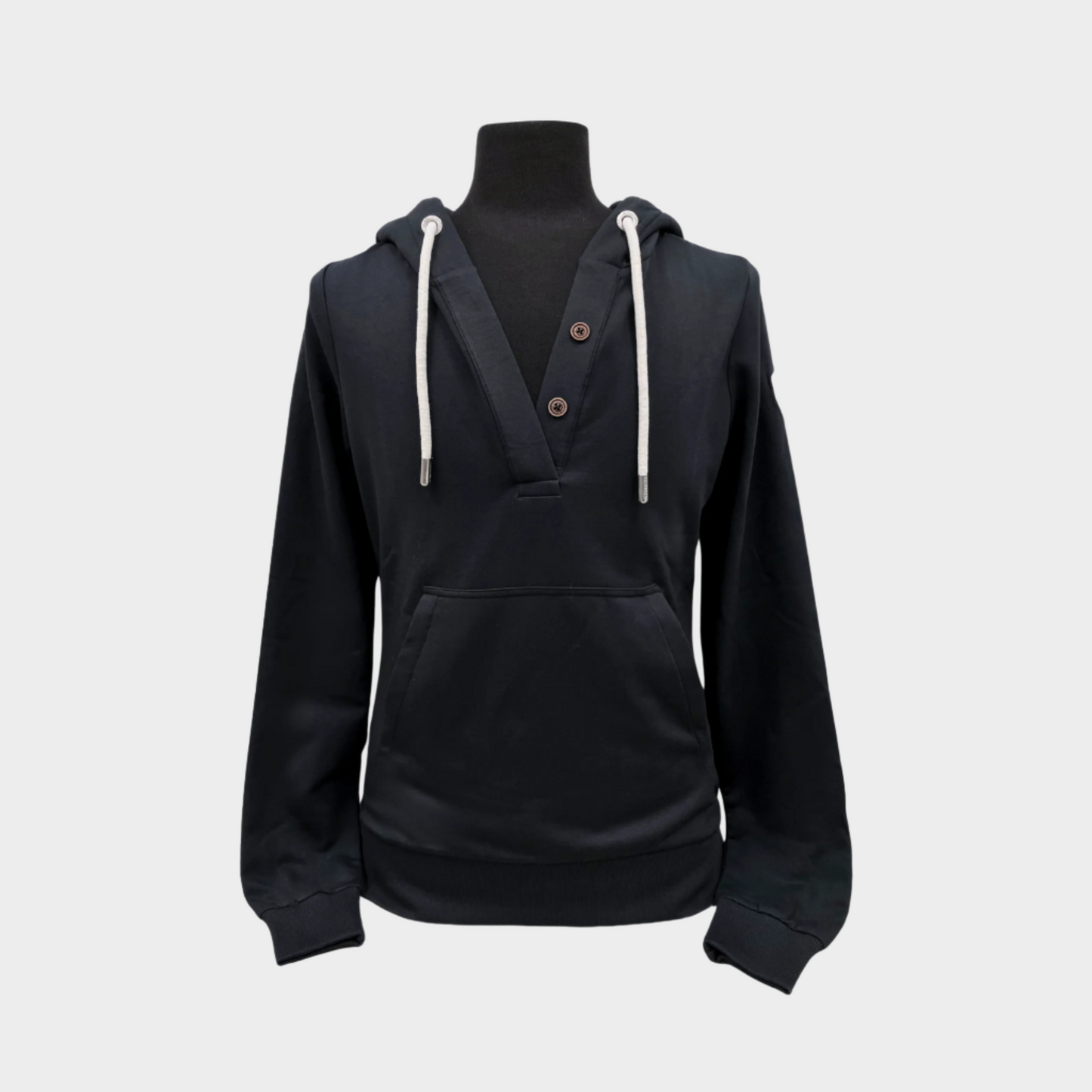 Womens pullover hoodie in black. stretchy, thin pullover hoodie with v neck and faux buttons. 