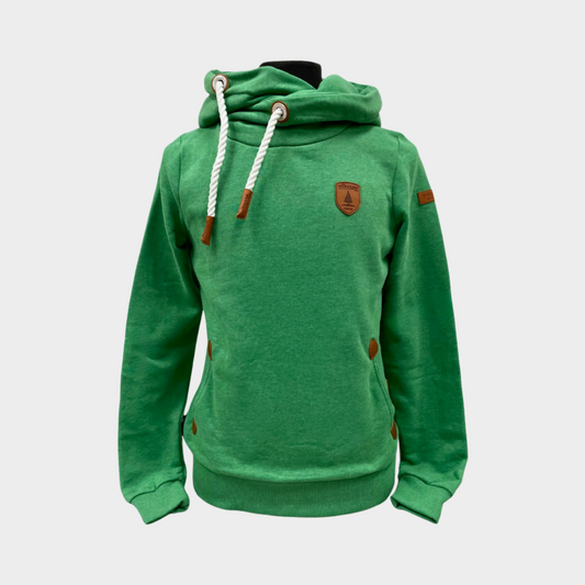 Womens pullover hoodie in emerald green, with cowl hood, pockets, and off-set drawstrings. 