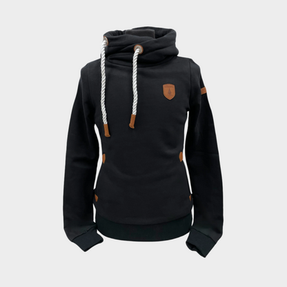 Womens pullover hoodie with wrap hood and white rope drawstrings. Shown in black