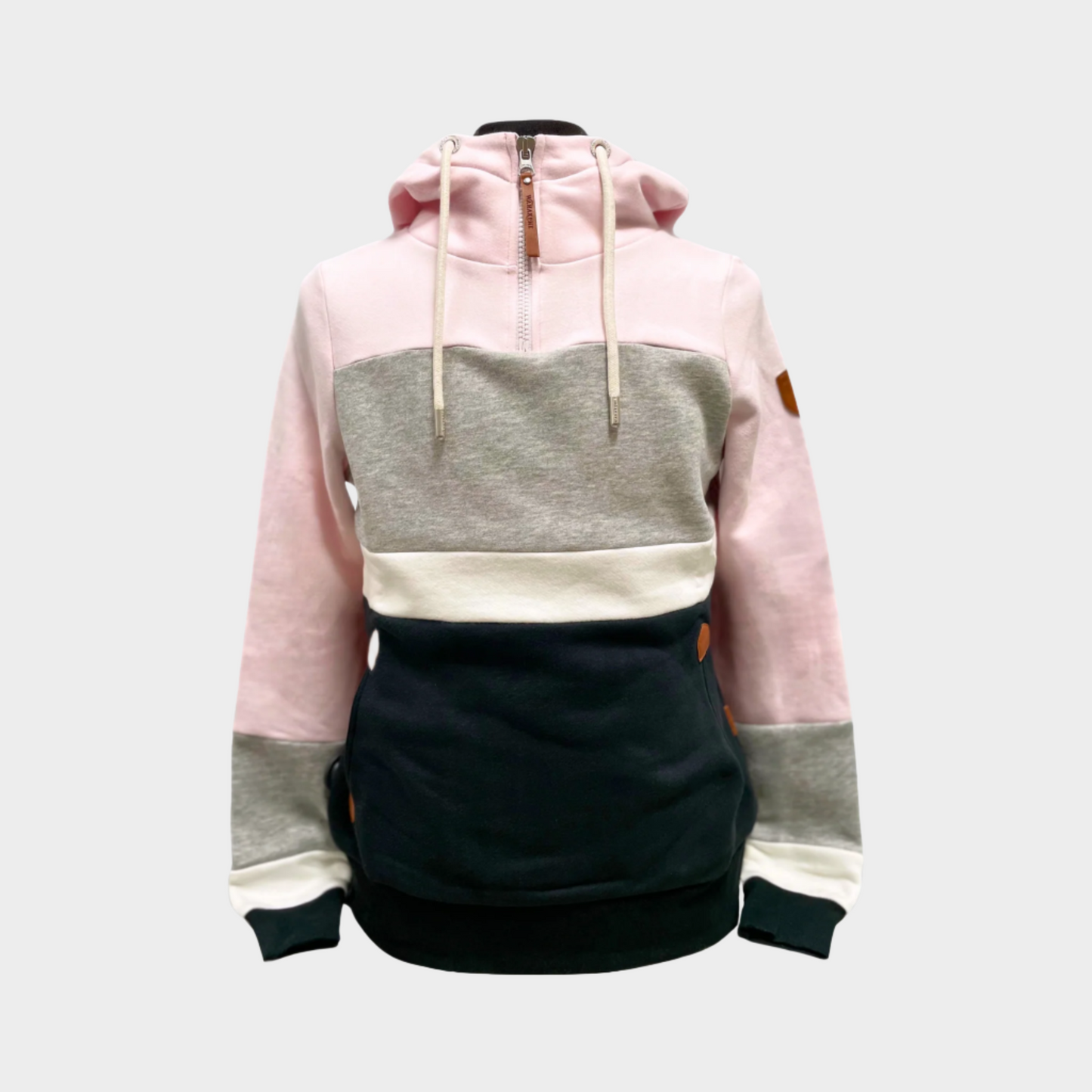 womens Pullover hoodie with white drawstrings. Front side pockets. Stripes of pink, grey and black color block