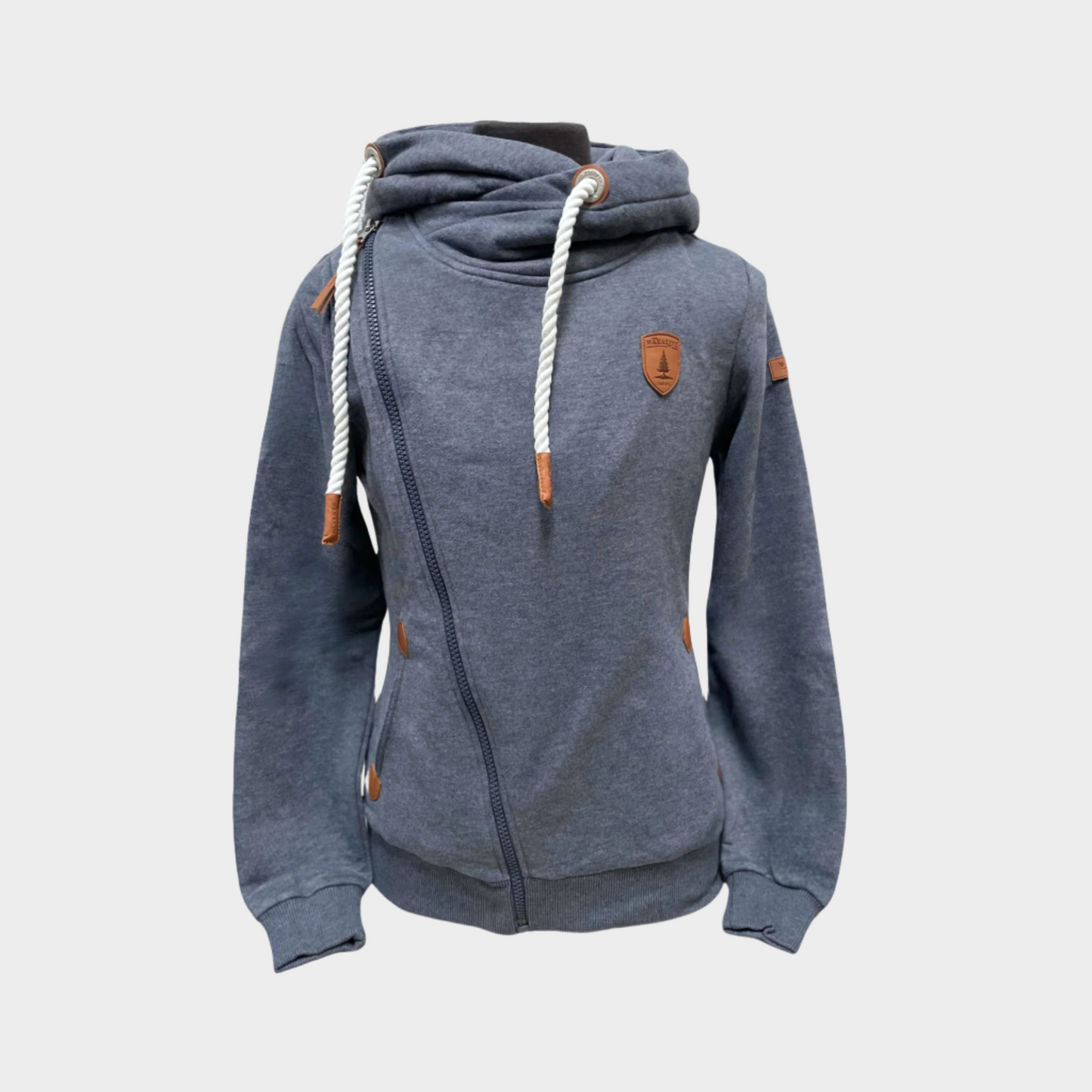 womens full zip hoodie straight zipper to the right shoulder with white rope cords. side pockets. Shown in heathered navy