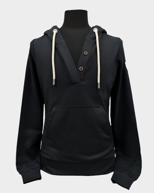 Womens pullover hoodie in black. stretchy, thin pullover hoodie with v neck and faux buttons. Front kangaroo pocket.